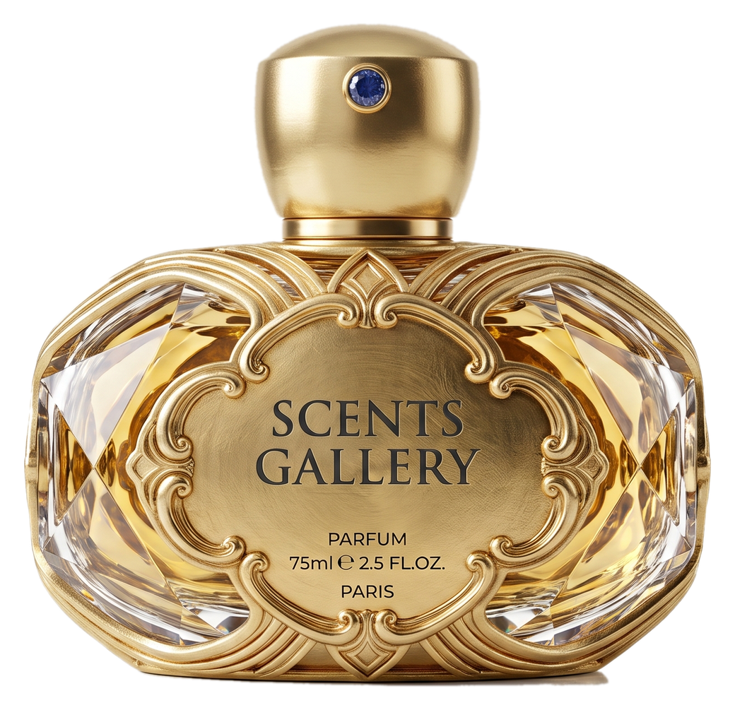 The Scents Gallery parfum — a faceted crystal flacon set in ornate gold